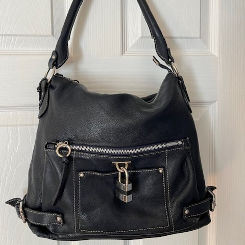 LAURA DI MAGGIO | Black Pebbled Leather Shoulder bag edgy rocker goth-EUC